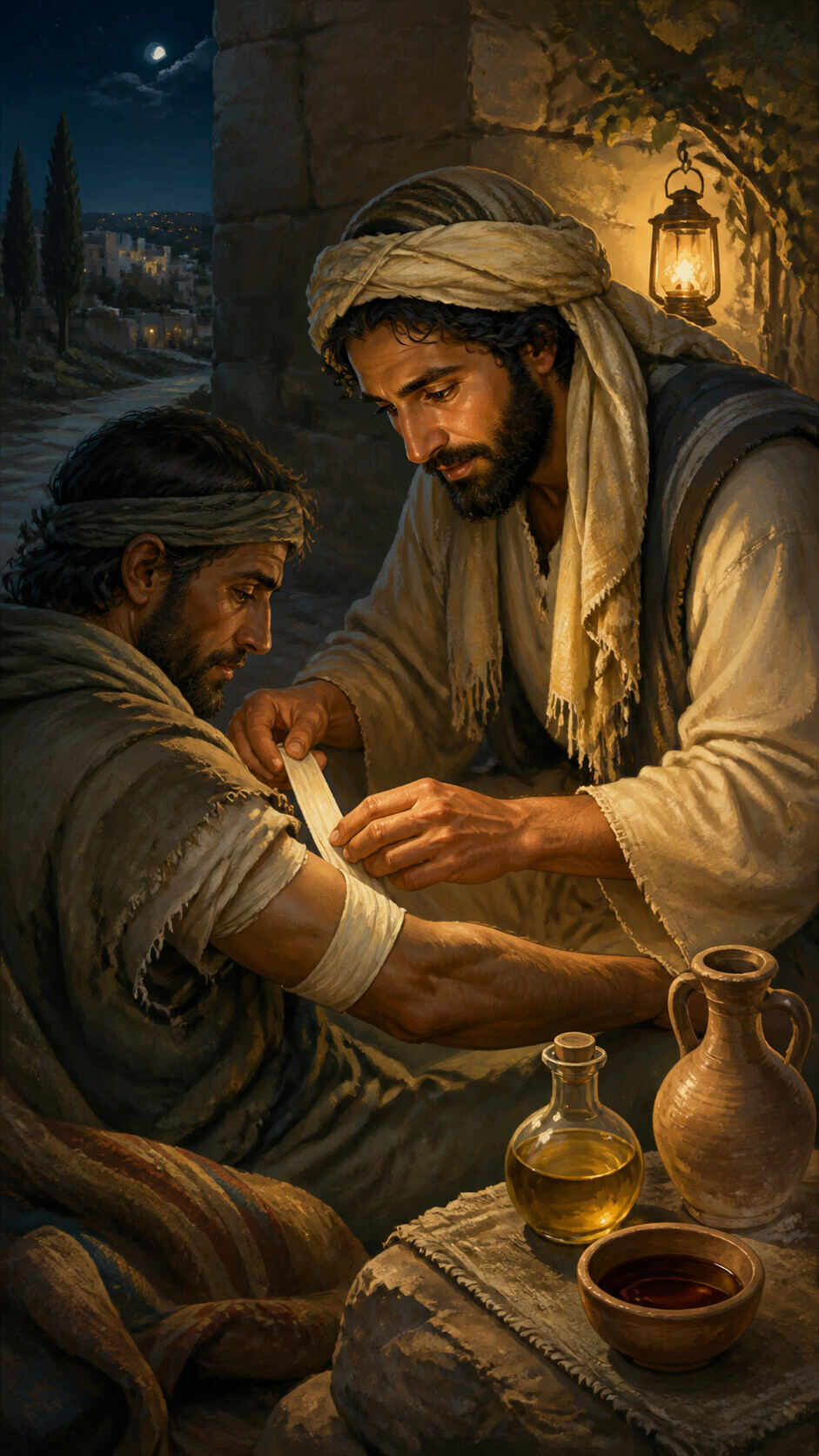 What did the Samaritan pour on the wounds?