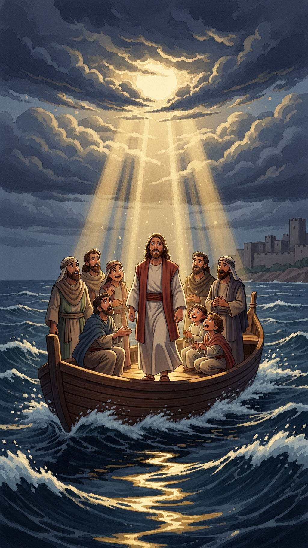 At night, toward the boat, Jesus walked on…