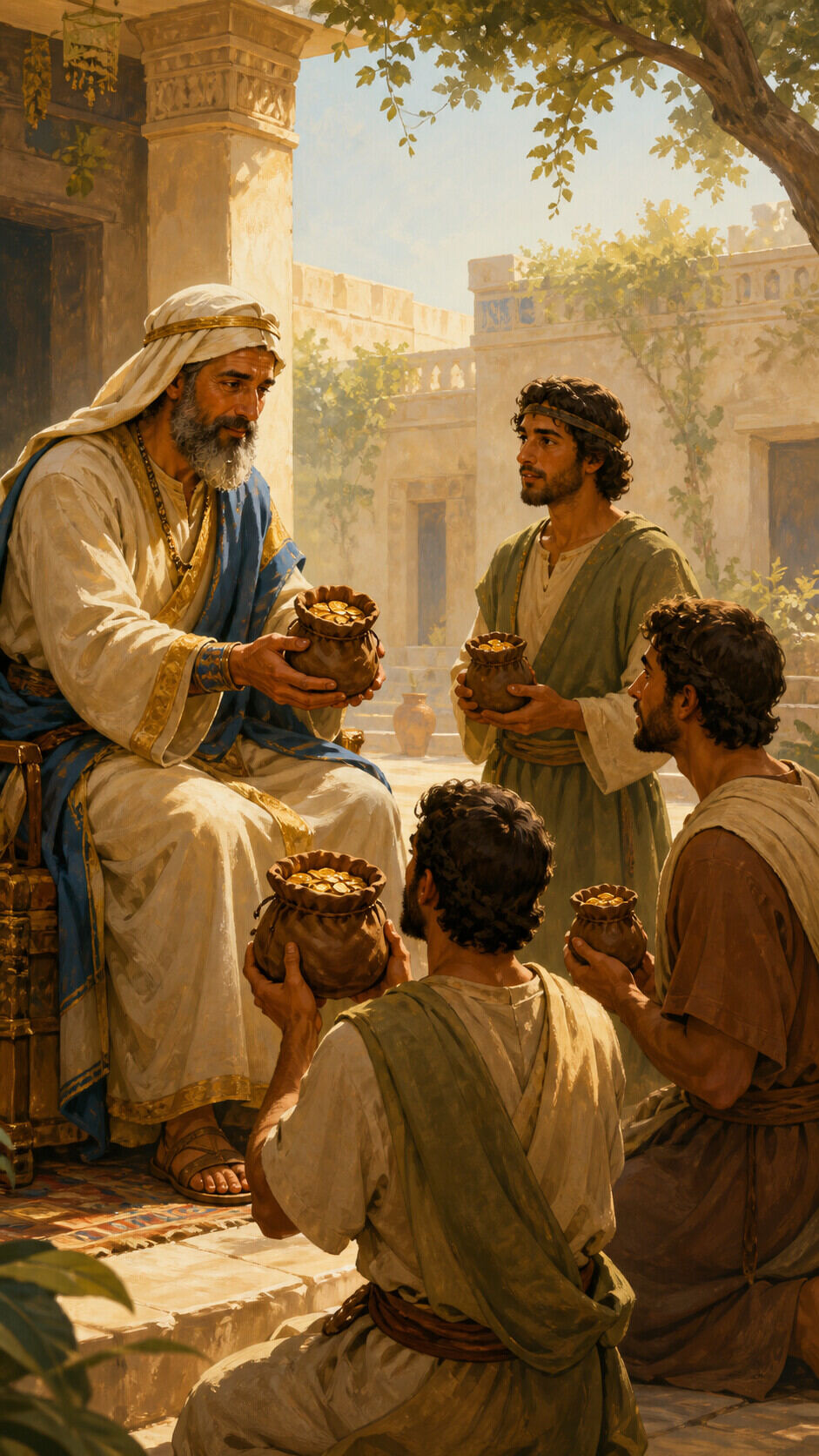 The master entrusted five, two, and one talent according to…